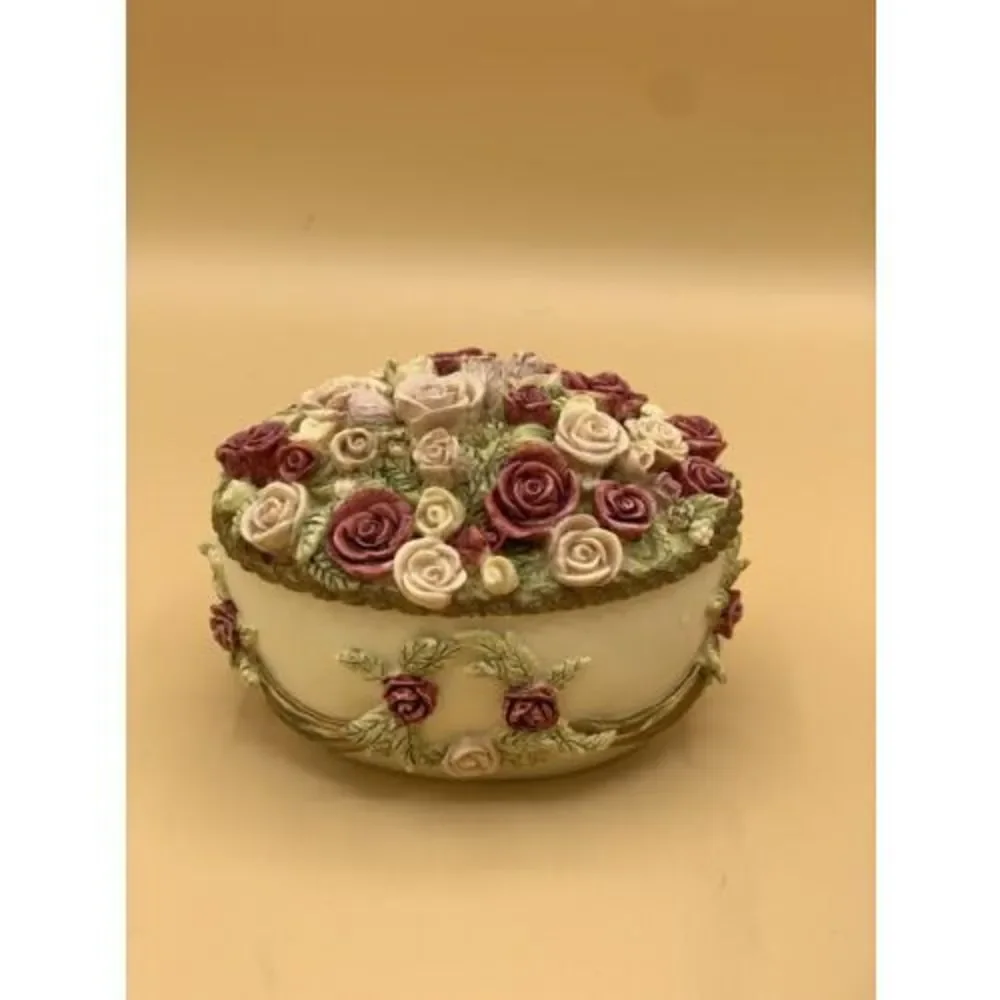 Vintage DEZINE Hand painted Applied Roses and Japan Flowers Trinket Box
